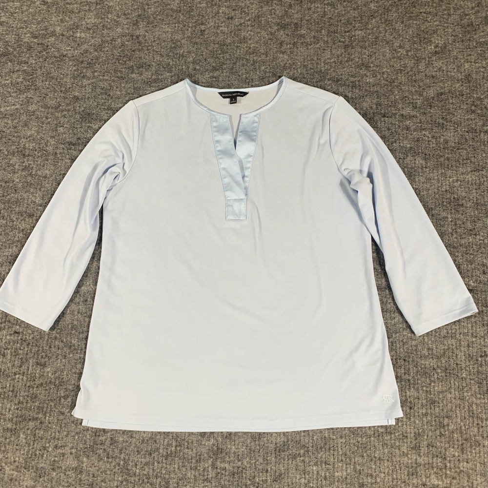 Banana Republic Blouse Womens Small Blue Split Neck Satin Trim 3/4 Sleeve Top